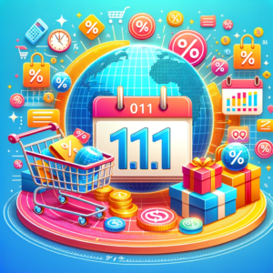 DALL·E 2023 10 29 05.08.29 Photo of a vibrant online shopping sale scene representing Singles Day with cart icons percentage signs and a globe symbolizing global shopping. In 1