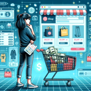 DALL·E 2023 10 29 05.37.38 Digital art of a shopper standing in front of a virtual shopping cart filled with products. The background showcases a digital interface of a Chinese 8