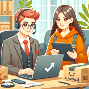 DALL·E 2023 10 29 09.31.16 Illustration of a customer support representative assisting a shopper with AliExpress items showcasing a friendly and helpful atmosphere 6