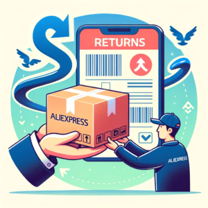 DALL·E 2023 10 29 09.37.13 Illustration of a package being returned to AliExpress with a return label emphasizing the concept of product returns and online shopping 5