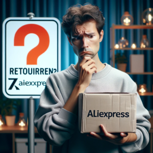 DALL·E 2023 10 29 10.33.24 Photo showing a person holding a product looking uncertain. The background contains an AliExpress logo and a clear sign with text Retourneren . The 1