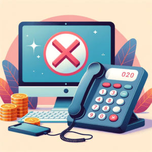 DALL·E 2023 10 29 13.05.14 Illustration showing a phone and a computer with a large red cross over the phone indicating that telephone customer service is not offered. In the b 7