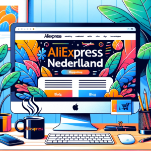 DALL·E 2023 10 29 13.25.52 Illustration of a computer screen displaying a vibrant and modern blog page with the AliExpress Nederland logo prominently featured. The screen sits o 1
