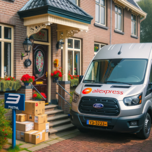 DALL·E 2023 10 29 18.47.03 Photo of a PostNL delivery van parked outside a Dutch house with an AliExpress package on the doorstep 1