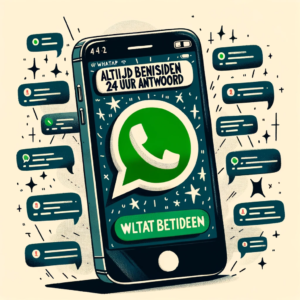 DALL·E 2023 10 30 07.59.32 Een illustratie van een mobiele telefoon met het WhatsApp logo en de tekst Altijd binnen 24 uur antwoord. Op de achtergrond zijn chatberichten zicht 1