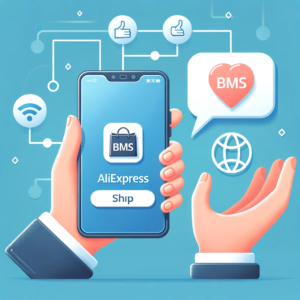 DALL·E 2023 10 30 20.20.16 Illustration of a smartphone displaying the AliExpress app and a speech bubble with the BMS app icon. The background shows a network connection symbol 1
