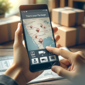 DALL·E 2023 10 31 05.17.51 Photo of a person using a smartphone to track their online package shipment with a clear emphasis on the screen showing a map and the packages journe 1