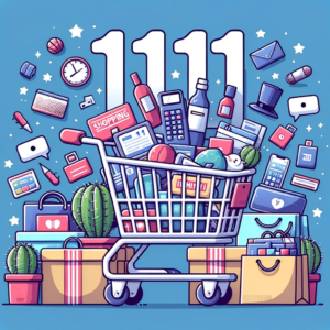 DALL·E 2023 10 31 07.08.36 Illustration of a shopping cart filled with various products with a large 11.11 sign above it symbolizing the Global Shopping Day 1