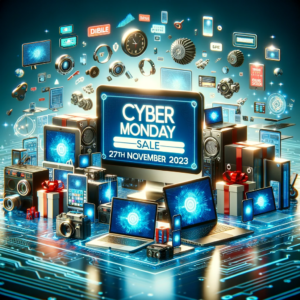 DALL·E 2023 10 31 07.35.44 Photo of a digital marketplace showcasing various software and gadgets with a prominent banner mentioning Cyber Monday Sale 27th November 2023. Th 1 25