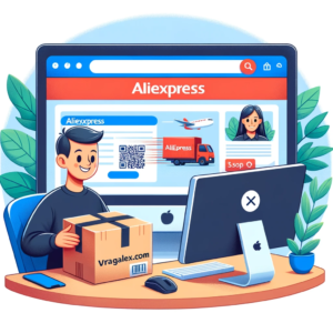 DALL·E 2023 10 31 15.52.38 Illustratie van een tevreden klant die een pakketje van AliExpress ontvangt met een computer op de achtergrond waarop de VraagAlex.com website zichtb 21