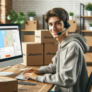 DALL·E 2023 10 31 15.58.56 Photo of a friendly customer support representative with a headset sitting at a computer. Behind them there are boxes labeled AliExpress and a scr 1