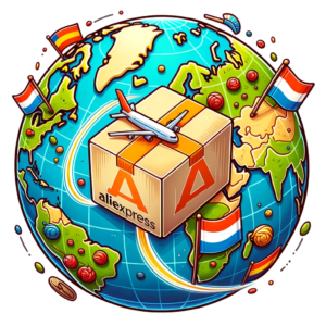 DALL·E 2023 10 31 21.23.09 Illustratie van een pakket met het AliExpress logo dat vliegt over een wereldbol met Nederland duidelijk zichtbaar 1 1