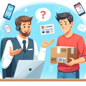 DALL·E 2023 11 01 04.49.31 Illustration of a friendly customer service representative helping a confused customer with a package from an online store. The background includes el 1