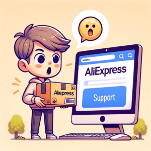 DALL·E 2023 11 01 05.11.47 Illustration of a person holding an AliExpress package with a surprised expression standing next to a computer displaying the VraagAlex.com website f 12