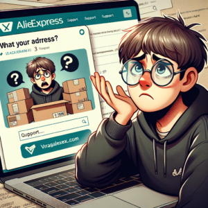 DALL·E 2023 11 01 05.19.37 Photo of a person looking confused while trying to input their address on the AliExpress website with a laptop with a support chat window open in the 11