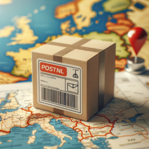 DALL·E 2023 11 01 05.26.11 Photo of a package with a label showing a barcode and the words PostNL placed on a table with a background of a map of the Netherlands 10