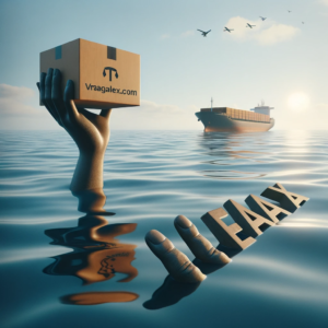 DALL·E 2023 11 01 18.37.31 Photo of a calm sea with a single ship on the horizon representing the journey of a package. Floating letters form the words VraagAlex.com and a h 3 3