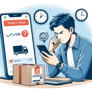 DALL·E 2023 11 01 19.01.54 Illustratie van een ongeduldige klant die op zijn telefoon kijkt naar de track and trace informatie van zijn AliExpress bestelling. Op de achtergrond 14