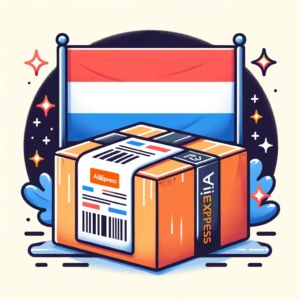 DALL·E 2023 11 02 04.59.57 Illustration of a package with a label partially filled out highlighting the missing address details with the AliExpress logo and a Dutch flag in th 12