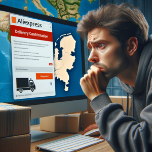 DALL·E 2023 11 02 05.27.16 Photo of a concerned person looking at a computer screen displaying the AliExpress website with a notification about delivery confirmation with the m 11