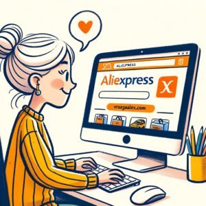 DALL·E 2023 11 02 05.48.23 Een tekening van een blije shopper die achter een computer zit. Op het scherm van de computer staat het logo van AliExpress en aan de zijkant van het 10
