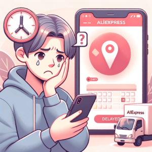 DALL·E 2023 11 02 19.16.42 Illustration of a worried customer holding a smartphone with the AliExpress logo on the screen. The background shows a delivery truck with a package 1 2 1