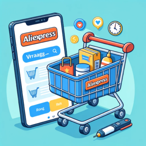 DALL·E 2023 11 02 20.21.54 Illustratie van een winkelwagentje met enkele producten erin en het AliExpress logo op de zijkant. Op de achtergrond staat een groot vraagteken en de 7