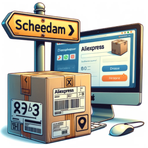DALL·E 2023 11 02 20.26.46 Illustration of an AliExpress package with a missing house number label and a sign pointing towards Schiedam. In the background theres a computer di 6