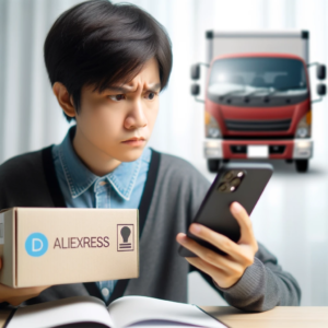 DALL·E 2023 11 02 20.44.45 Photo of a person holding a smartphone browsing the AliExpress website with a puzzled expression trying to track their package. In the background a 4