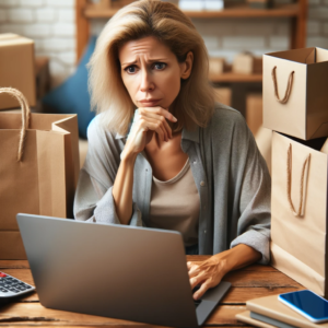 DALL·E 2023 11 03 05.07.02 Photo of a person shopping online looking at a laptop screen with a look of doubt and skepticism surrounded by shopping bags and boxes. The person i 3