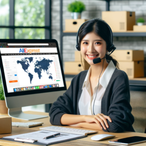 DALL·E 2023 11 03 05.17.20 Photo of a friendly customer service representative with Asian descent and a headset sitting at a modern workspace with a computer screen displaying 2