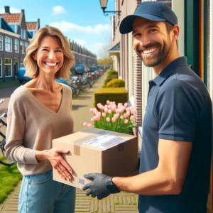 DALL·E 2023 11 03 17.56.24 Photo of a happy customer receiving a package from a delivery person at the doorstep. The customer is a middle aged woman with a smile wearing casual 1 1