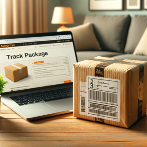 DALL·E 2023 11 03 18.06.44 Photo of a package with a tracking barcode visible on the surface placed on a wooden table with a laptop showing the AliExpress website tracking page 1