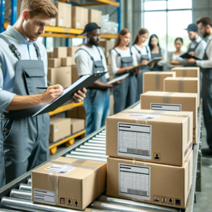 DALL·E 2023 11 03 18.21.04 Photo of a stack of packages with blank labels on a conveyor belt in a distribution center with a diverse group of workers in the background discussi 14