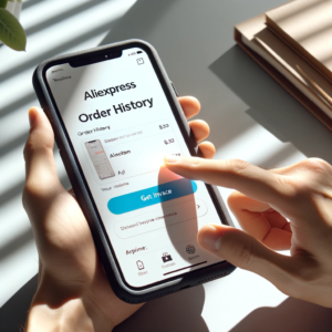 DALL·E 2023 11 03 18.26.19 Photo of a persons hands holding a smartphone with the AliExpress app open displaying the order history screen. The person is about to press an on s 13