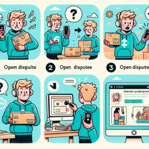 DALL·E 2023 11 04 20.20.04 An illustrated step by step guide for returning a product on an online shopping platform. The first panel shows a confused customer holding a generic 1