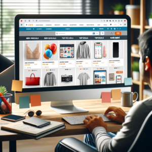 DALL·E 2023 11 04 20.25.21 An image of a person sitting at a computer browsing a website with a clear organized layout displaying a variety of products from different categorie 1