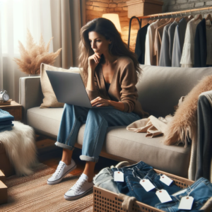 DALL·E 2023 11 04 20.30.09 An image of a person sitting comfortably on a couch at home shopping on a laptop. They are surrounded by a variety of clothing items some with tags 1