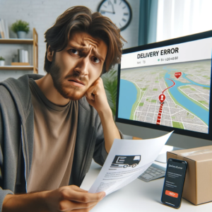 DALL·E 2023 11 04 20.39.55 A frustrated individual in front of a computer holding a printed paper with Delivery Error on it and a map in the background showing a delivery rou 1