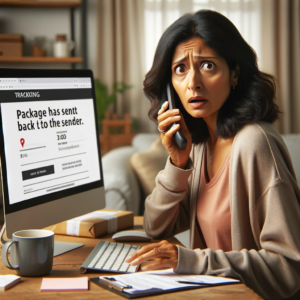 DALL·E 2023 11 04 20.58.52 An image of a South Asian woman in her mid 40s looking surprised and slightly frustrated at a computer screen which shows a tracking page indicating 1