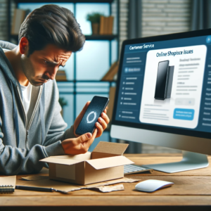 DALL·E 2023 11 05 05.23.58 An image of a disappointed customer looking at an open package with a generic electronic device that looks different from the advertised product. The 3