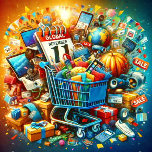 DALL·E 2023 11 05 05.45.55 A vibrant digital collage representing Global Shopping Day with a calendar marking November 11 a shopping cart overflowing with electronics clothes 1 1
