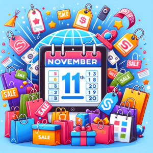 DALL·E 2023 11 05 06.05.45 An illustration of a festive shopping celebration with a calendar showing the date November 11th surrounded by colorful sale tags and shopping bags 3