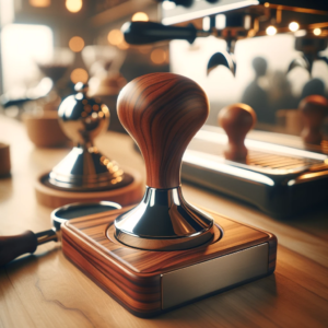 DALL·E 2023 11 05 16.13.30 A polished wooden coffee tamper holder on a cafe counter with espresso accessories around. The holder has a sleek elegant design with a smooth surfac 1