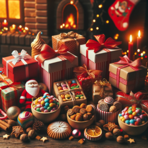 DALL·E 2023 11 05 19.14.53 An image of a variety of Sinterklaas gifts arranged neatly including traditional Dutch Sinterklaas sweets like pepernoten colorful wrapped presents 12