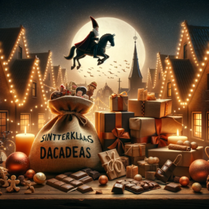 DALL·E 2023 11 05 19.29.34 A festive Sinterklaas theme showcasing a variety of potential gifts like toys books and gadgets with elements like pepernoten chocolate letters a 10