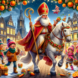 DALL·E 2023 11 06 05.28.57 An illustrated scene of a traditional Sinterklaas celebration in the Netherlands featuring Sinterklaas in his red bishops attire with a golden staff 6