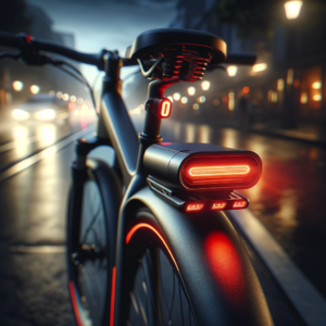 DALL·E 2023 11 06 06.53.40 A sleek and modern LED ebike tail light shining brightly in the dark clearly showing its red illumination. Its mounted on the back of a stylish elec 4