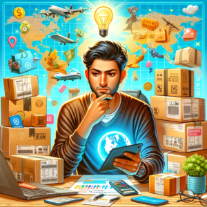 DALL·E 2023 11 06 13.03.35 An illustration of a person sitting at a computer desk surrounded by various packages and products from around the world symbolizing international o 1