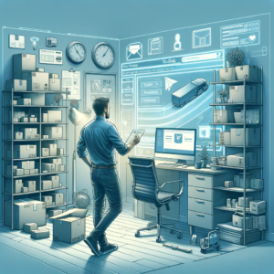 DALL·E 2023 11 06 21.08.01 Create an image that captures the concept of efficient and secure package management. Visualize a person standing in a well organized home office wit 1